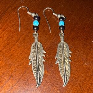 “Boho Feather Dangle Earrings w/ Turquoise & Black Beads”